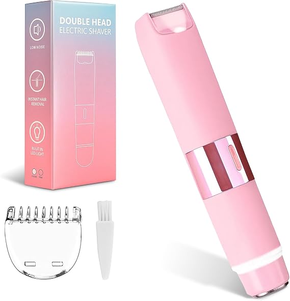 Bikini Trimmer for Women - Electric Razors for Women 2 in 1 Painless IPX7 Waterproof Rechargeable LED Dual Head Electric Shaver for Lady Bikini Underarm, Body, Leg, Face Hair Remove