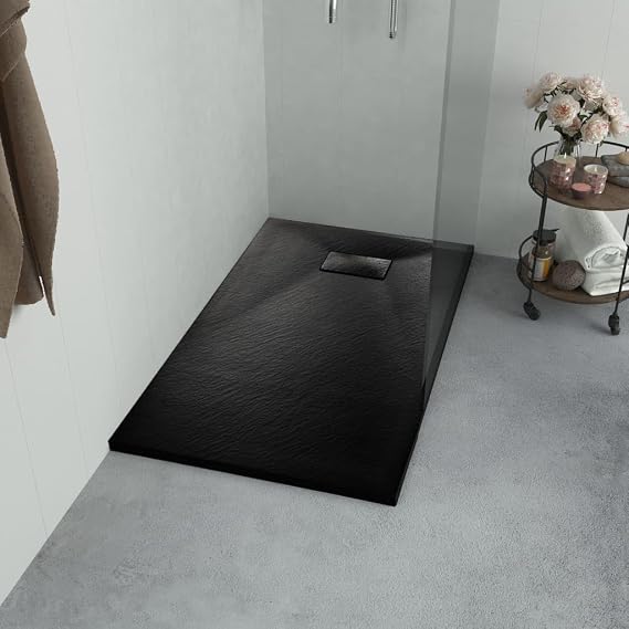 Low Profile SMC Shower Base Tray, 31.5"x31.5" Square, Black Finish, Skid-Proof Slate Stone Surface