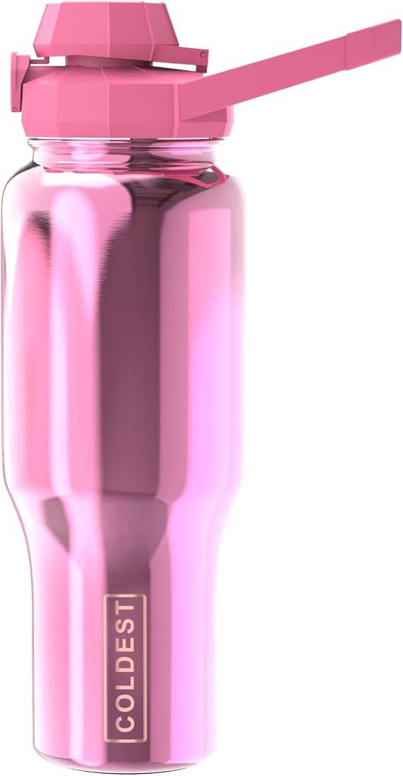 Coldest Sports Water Bottle - 3 in 1 Lids (Chug, Straw, Handle) - Insulated Stainless Steel Tumbler with Handle - Vacuum Water Flask Cup, Valentines Gifts for Him Her (36 oz, Pink Reflections)