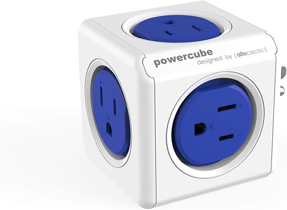 Allocacoc PowerCube Original 5 outlets, Surge Protector, Wall Plug, Charger, Outlet Multiplier, 15A 125V 1875W Max, Compact for Travel, Home Office Dorm, Workspace. Space Saving, ETL (Blue)