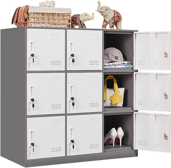Student Locker Organizer, Multi-Door Steel Locker, Small Locking Cabinet Storage Organizer, Office File Cabinet, Home Locker, Gym Locker, Metal Storage Locker (9 Door, Grey & White)