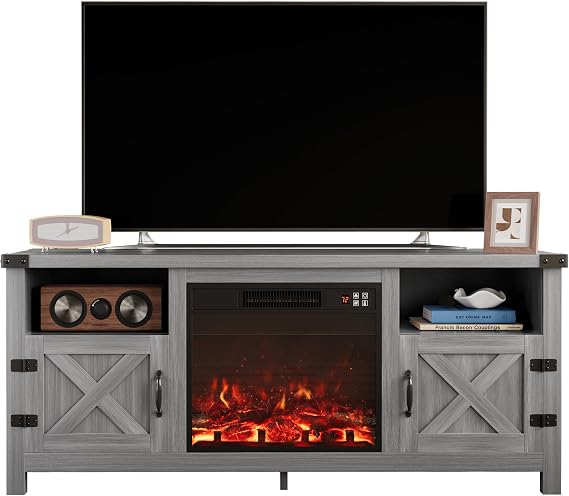 Furmax Entertainment Center with Fireplace, Fireplace TV Stand with Storage Cabinets and 2 Open Shelves, Modern Media TV Console for Living Room (Light Grey)