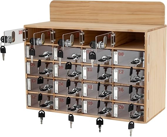 20 Slots Wooden Mobile Phone Organizer, Wood Cell Phone Locker Box with Keys, Cell Phones Holder Storage Box, Lockable Cell Phone Box Phone Storage Cabinet for Office Classroom