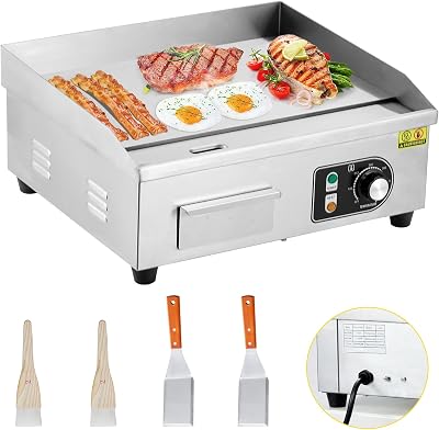 18 Inch Electric Griddle, 1600W Electric Countertop Griddle, Non-Stick Restaurant 110V Teppanyaki Flat Top Grill Stainless Steel Adjustable Temperature Control 122F-572F with PLUG