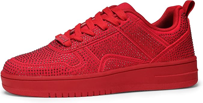 LUCKY STEP Women Fashion Sparkle Rhinestone Sneakers | White Leather Low Top Tennis Shoes Lace Up Casual Comfortable Walking Shoe