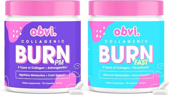 Obvi Collagenic Burn PM & Multi Collagen Burn Fast Bundle | Nighttime Collagen with Ashwagandha, GABA, Melatonin + Hydrolyzed Collagen Peptides | Keto & Gluten-Free