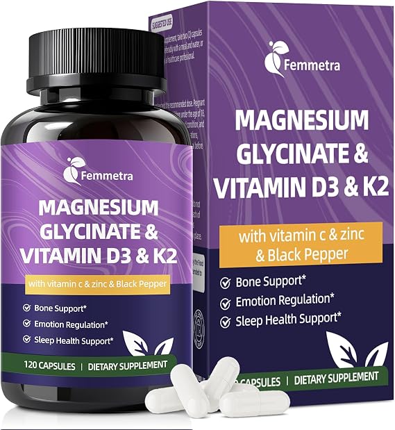 Magnesium Glycinate 600mg Vitamin D3 K2 for Sleep & Muscle, 120 Capsules
