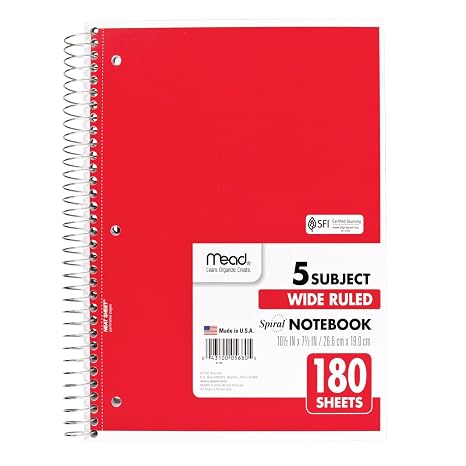 Mead Spiral Notebook, 5 Subject, Wide Ruled Paper, 7-1/2"x 10-1/2", 180 Sheets, Color Will Vary (930205-25)