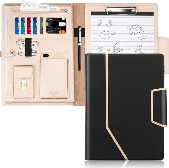 Toplive Conference Folder - Executive Business Padfolio with Letter/A4 Size Clipboard, Document Sleeve & Card Holders - Black