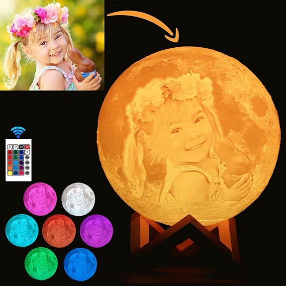 Custom Photo Moon Lamp Personalised Stand,Custom Moon Light with 3D Photo and Text,16 Colors,USB Charging ​Touch Moon Night Light,Birthday,Thanksgiving,Christmas 7 in (18cm)