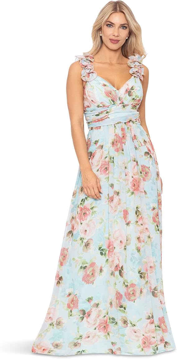 Betsy & Adam Womens Chiffon Floral Evening Dress