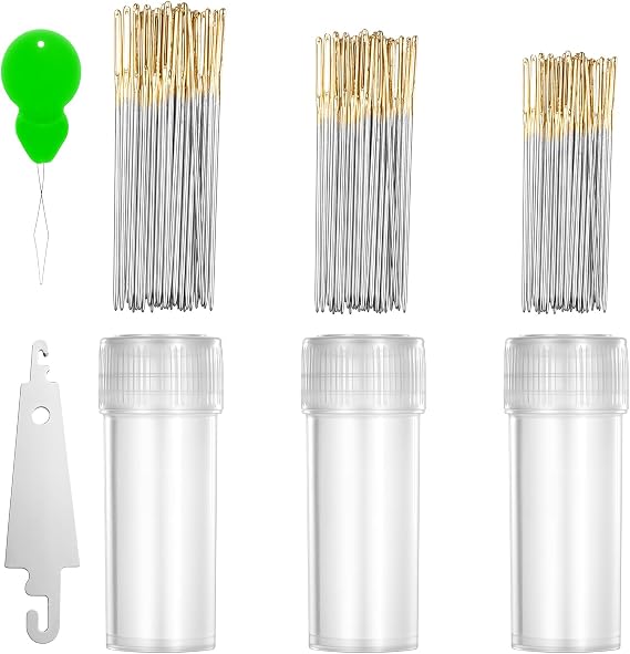 90 Pieces Cross Stitch Needles 22 & 24 & 26 Gauge Golden Large Eye Embroidery Hand Sewing Needles Stainless Steel Embroidery Needles in Clear Box with 2 Needle Threader