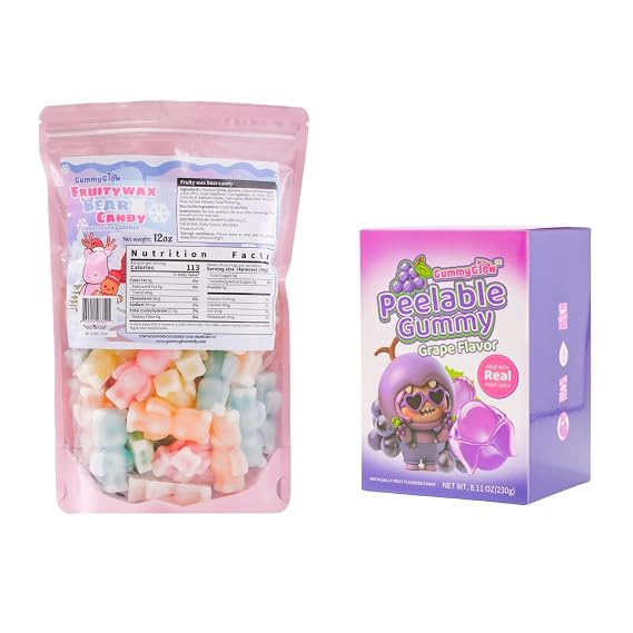 Gummy Glow 12 Oz Fruity Wax Candy, Upgraded Edible Wax Candy Bears with Peelable Fruity Gummy