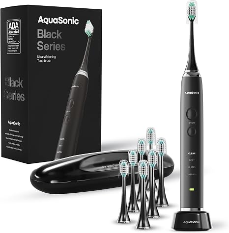 Aquasonic - Black Series Ultra Whitening elektrische Zahnbürste ADA akzeptierte Zahnbürste 8 Bürstenköpfe & Reiseetui 40.000 VPM Elektromotor & kabelloses Laden - 4 Modi mit Smart Timer