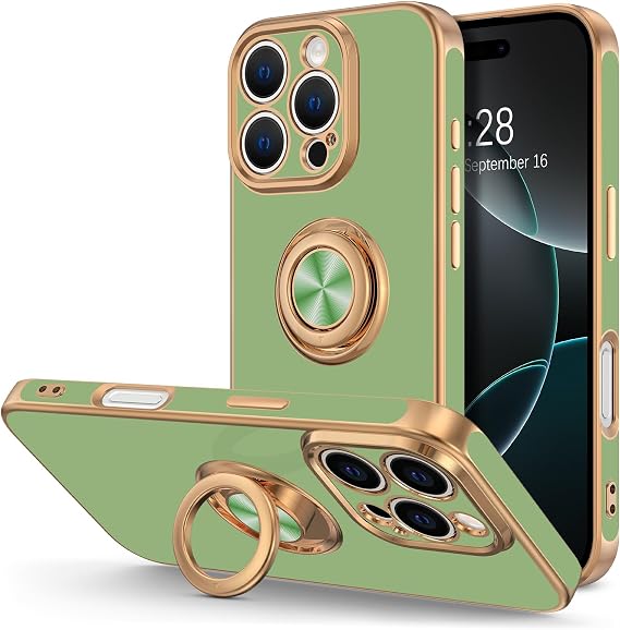 Hython for iPhone 16 Pro Max Case with Ring Stand, 360 Rotatable Ring Holder Magnetic Kickstand, Plating Rose Gold Edge Soft Cover Protective Phone Case for iPhone 16 Pro Max 6.9", Light Green