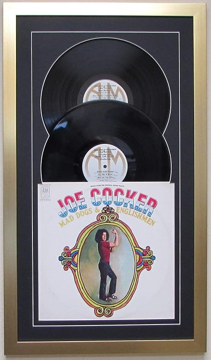 Record Album Double Vinyl LP Frame Display Featuring Black Matting Juke Box Style Design (Brushed Gold Frame)