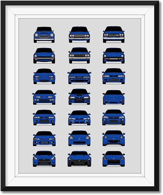 Custom Car Posters Handmade Poster compatible with Nissan Evolution Print Wall Art Decor Best of Nissan Generations- Bayside Blue, 8x10" Satin Print (Unframed) - Gift for Car Enthusiast