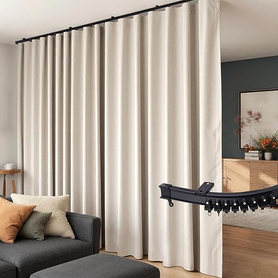 Room Divider Curtains Flexible Ceiling Tracks set Curtain track Ceiling Mount Blackout Curtain for Living Room Bedroom Ceiling Curtain Rod Privacy Dividers Panels W100 x H84 Beige Drape & Black rail