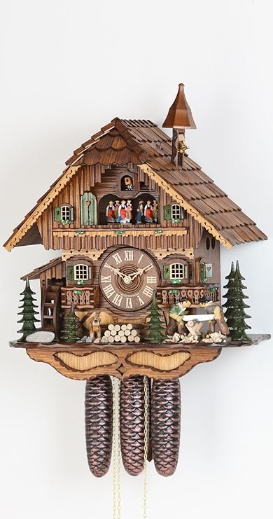 Cuckoo Clock Black Forest house with moving wood chopper and mill wheel KA 3728/8