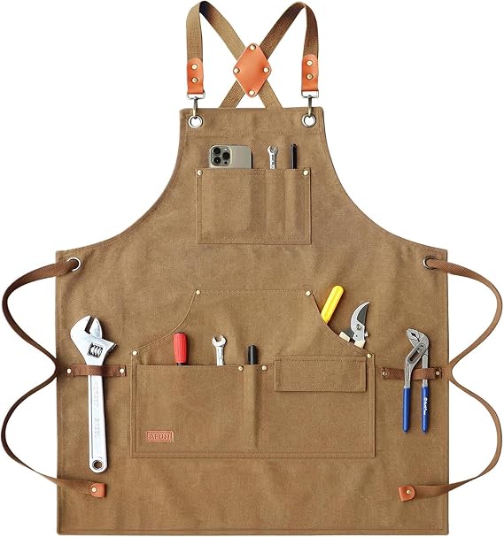 AFUN Work Aprons for Men with Large Pockets, Cotton Canvas Cross Back Heavy Duty Adjustable Tool Apron, Size M to XXL (Brown)
