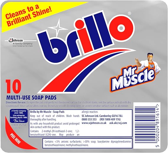 Mr Muscle Brillo Pad, Multi-Use Steel Wool Soap Pads for Kichen Cleaning (10 Pads)