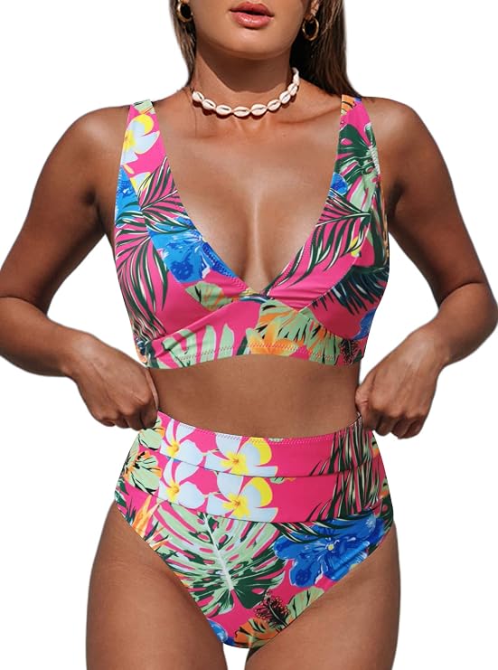 Hilinker Women's Leopard Bikini Swimsuits V Neck High Waisted 2 Piece Bathing Suits