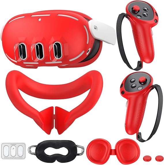 Silicone Cover Compatible with Meta/Oculus Quest 3 Accessories, VR Silicone Face Cover, VR Shell Cover,Touch Controller Grip Case,Camera Lens Protector Set (Red)