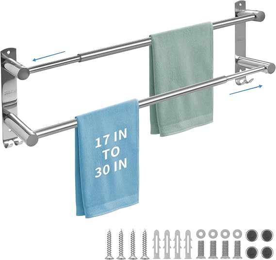 Double Towel Bar, Adjustable 28In Double Towel Racks for Bathroom | Stainless Steel Towel Bar for Bathroom Wall,Drilled-Type Bathroom Towel Holder