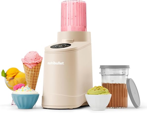 nutribullet Chill Ice Cream Maker, for Gelato, Sorbet, Frozen Yogurt, Smoothie Bowls, Compact Size, (2) Dishwasher Safe 16 oz. Pint Cups with Lids, Latte Beige, NBD50100LB