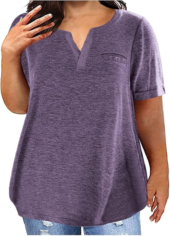 Womens Plus Size Tops V Neck Dressy Blouses Casual Loose Fit Tunic Tops Solid Color Short Sleeve Summer Shirts