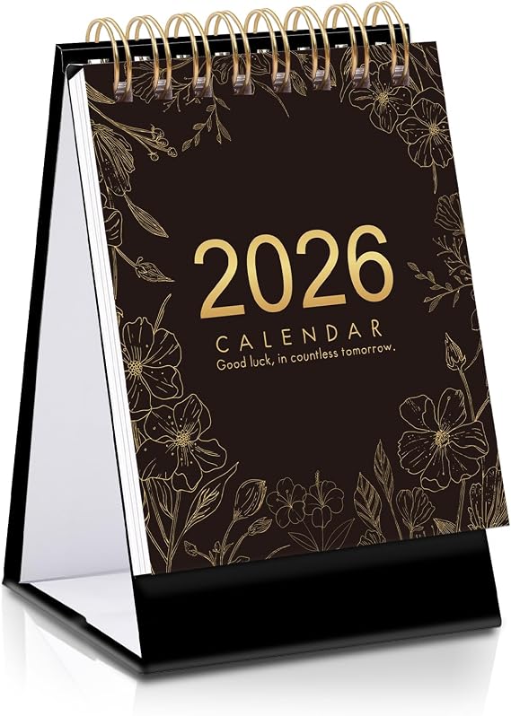 Mini Desk Calendar 2026, Small Standing Flip Calendar with Twin-Wire Binding, 15-Month Thick Paper Desktop Calendar for Home, Office & School (Black)