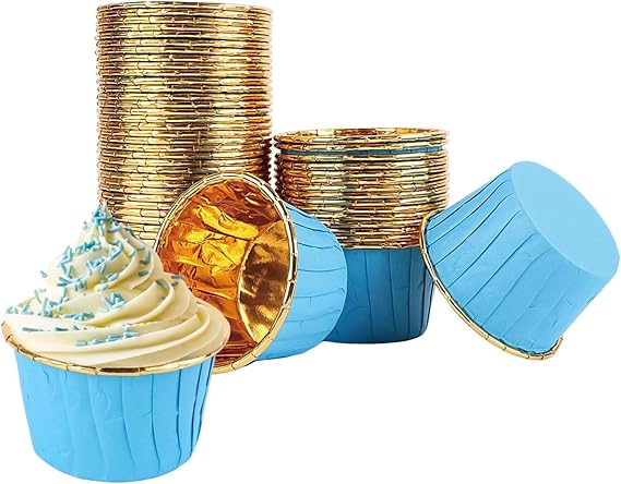 Dolphin 25 Muffin Mold - Cupcake molds, Waterproof and Oil Proof Baking Papers, Aluminum Foil Baking Cake Containers for Home or Party - Blue-Gold