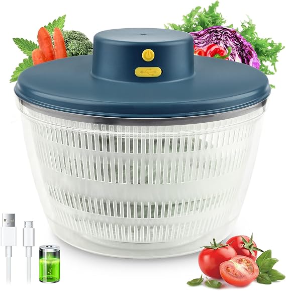 ELECTRIC SALAD SPINNER, WeluvFit Lettuce Spinner with USB RECHARGEABTE and 4 Liters Large Capacity, BPA Free Vegetable Dryer For Fast Crispy Salads Prep
