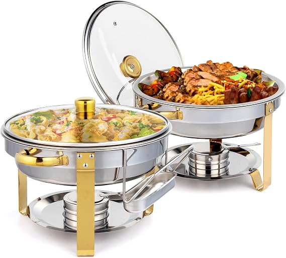 ROVSUN 5QT 2 Packs Chafing Dish Buffet Set Gold Accent, Round Stainless Steel Buffet Warmer Chafers and Buffet Warmers Sets with Glass Lid & Lid Holder for Catering Events Parties Weddings Dinners