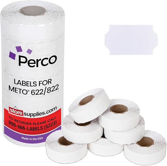 Perco Standard Adhesive White Pricing Labels - 10,500 Price Marking Labels for Meto 622/822 Price Gun with 1 Inker - 7 Rolls Value Pack, 1 Sleeve - Made in USA
