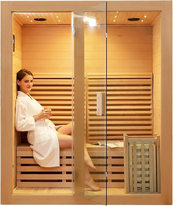 ZONEMEL 2 Person Traditional Hemlock Steam Sauna with Backrest for Home Use