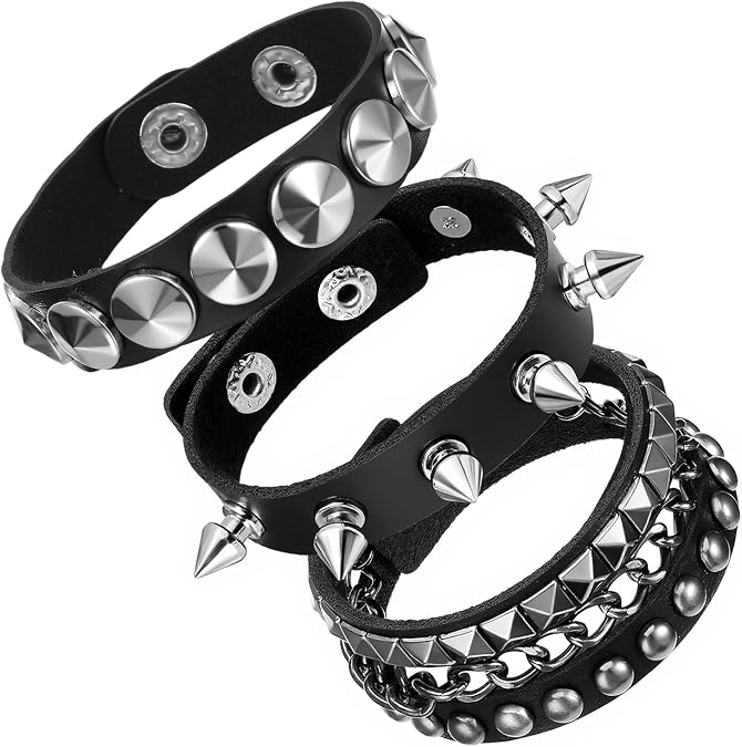 Ptwola Punk Rock Leather Studded Bracelets, Punk Leather Jewelry Bracelets