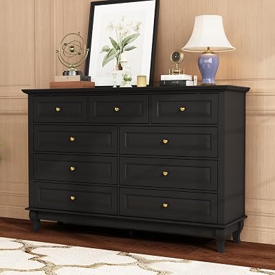 FUFU&GAGA Black Dresser for Bedroom with 9 Drawer, Chest of Drawers, 55.1 Wide Wood Dressers with Legs, Modern Cabinet with Gold Knobs for Living Room Hallway, 55.1W x 15.7D x 37H