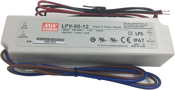 MW LPV-60-12 LED Driver Outdoor Waterproof AC-DC 12V 5A Power Supply for LED Sealed Panel Mount LPV Series (12V)