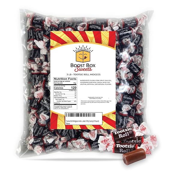 BoostBox Tootsie Roll Midgees Individually Wrapped Bulk Classic Chewy Chocolate Taffy Candy (3 Pound), Brown