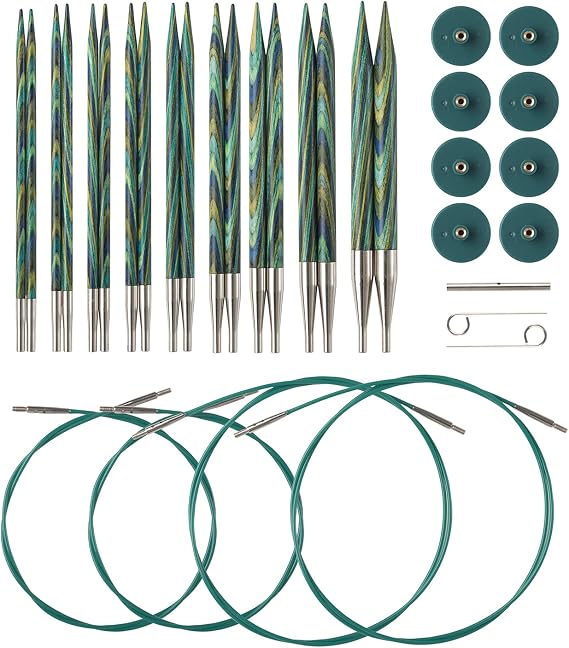 Knit Picks Caspian Wood Interchangeable Knitting Needles Set - US 4-11 | 9 sizes of 4.75 inch long knitting needles in a green colorway, includes cables, end caps, and connectors.