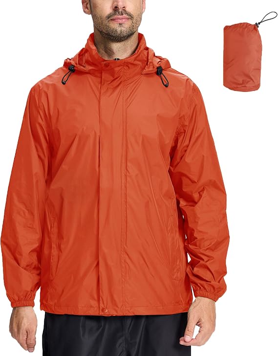 LZLER Mens Waterproof Jackets Lightweight Packable Windproof Rain Jacket Adjustable Hooded Raincoat for Outdoor Hiking Fishing Camping