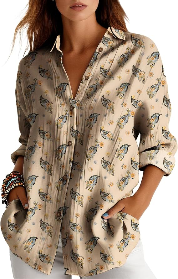 Button Down Shirts for Women 2025 Fall Trendy Long Sleeve V Neck Paisley Blouses Tops Vintage Baggy Floral Shirts