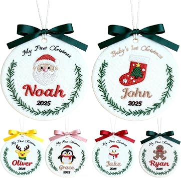 Personalized Christmas Ornament Custom Name & Text 6 Embroidery Designs (Santa, Reindeer, Snowman, Gingerbread, Stocking, Penguin) Double-Sided Felt Christmas Tree Decoration (2)