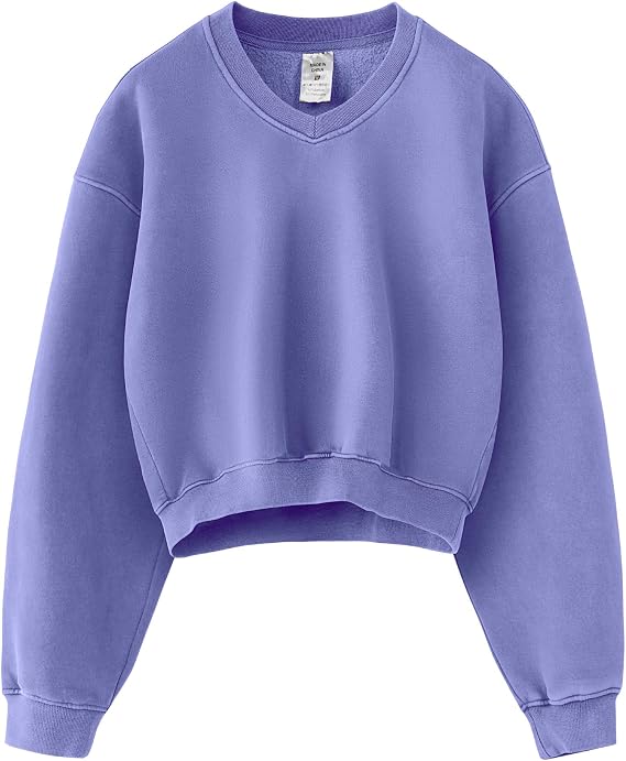 Hatant Cropped Sweatshirt for Women, V Neck Acid Wash Crop Pullover, Soft Fleece Long Sleeve Relaxed Fit Sweatshirt for Women