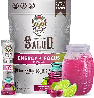 Salud 2-in-1 Energy Drink Powder  Focus, Cherry Lime, Organic Caffeine, B6  B12, Theanine, Clean Energy Drink Packets, Agua Fresca Mix, Non-GMO, Gluten Free, Vegan, 1g of Sugar, 15 Servings