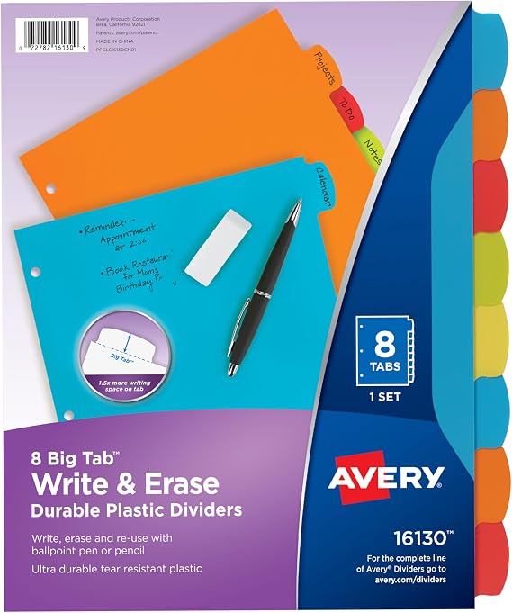 Avery Write & Erase Plastic Dividers, 8-Tab, Multicolor, 1 Set