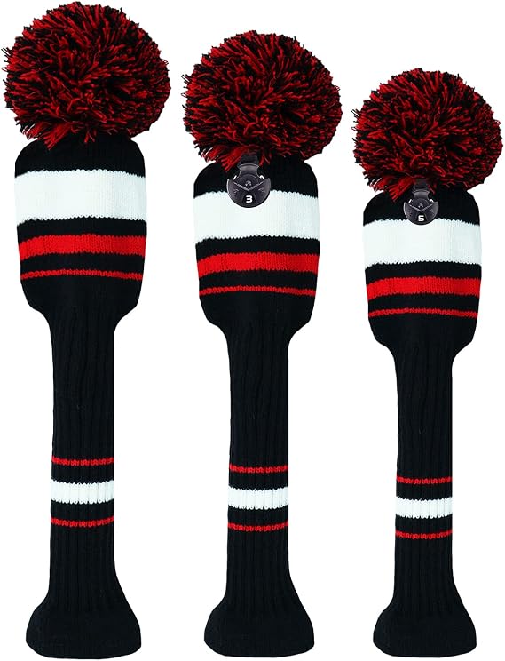3 or 4 Pack Pom Golf Head Covers for Woods 1 3 5 Driver Fairway Hybrids Golf Wood Head Cover Set with Number Tag Knitted Golf Head Covers