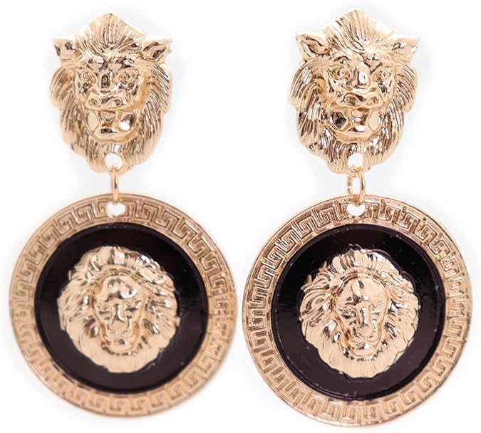 Women Street Trendy Fashion Jewelry Hook Earrings Set Metal Gold Bling Lion Round