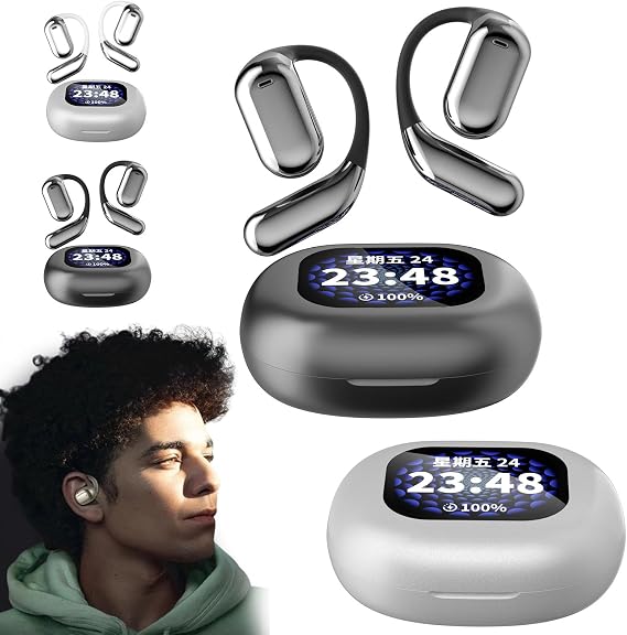 Intelligent Touch Screen Open Bluetooth Earphones, Erazers True Wireless Open Ear Earbuds Bluetooth 5.4, IPX5 Waterproof, with LED Display, Wireless Open Ear Bluetooth Earbuds (2Pcs/All)